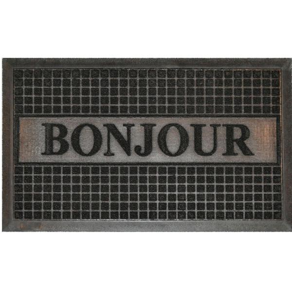 Tapis d'entrée de décoration, Bonjour en relief, Noir, 45x75cm, Caoutchouc/Polypropylène, Intérieur/Extérieur, Antidérapant