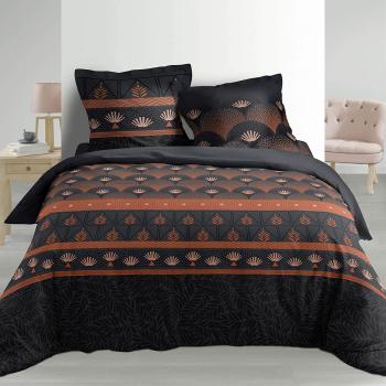 Housse de couette Elfie Art-déco, Noir/Corail, 220x240cm, 2 personnes, 100% Coton Percale 78 fils