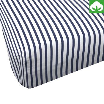 Drap housse Marinière, Bleu/Blanc , 140x200cm, 100% Coton - Bonnet de 30cm