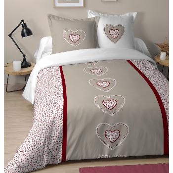 Housse de couette Amélia, Thème Romantique, Naturel/Rouge, Adulte, 220x240cm, 2 personnes, 100% Coton