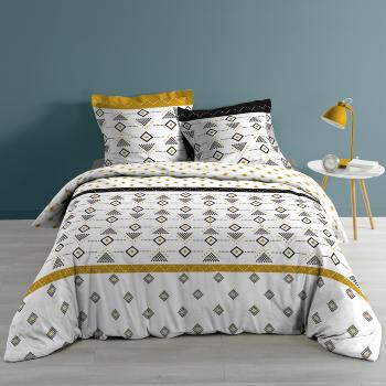 Housse de couette Letiko, Formes Géométriques, Blanc/Jaune, 220x240cm, 2 personnes, 100% Coton