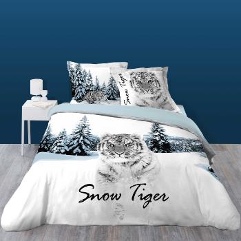 Housse de couette Flanelle Snow Tiger, Blanc/Bleu, Adulte, 220x240cm, 2 personnes, 100% Coton, Oeko-Tex